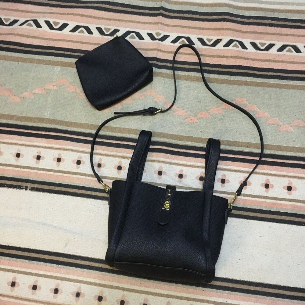 Black bag boxy purse crossbody & hand straps w/ mini zipper pouch pebbled PU